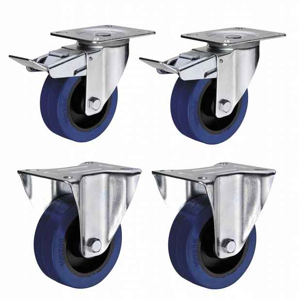 Sada 2+2 pevných/otočných kol 100 mm/150 kg, modrá s brzdou