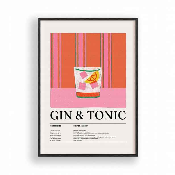 Obraz Gin Tonic Drink Plakát Rámeček Dřevěný Černý 30x42 cm