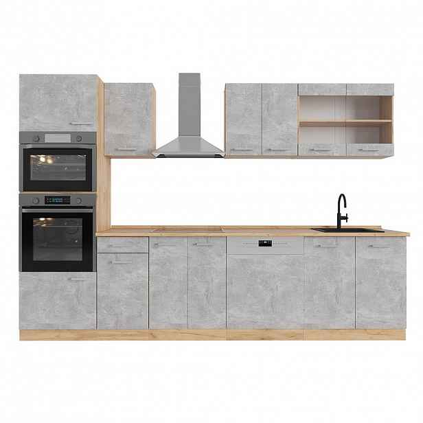 Vicco KUCHYŇSKÝ KOUT R-Line Beton/zlatý dub 300 cm s vysokou skříní, bez pracovní desky
