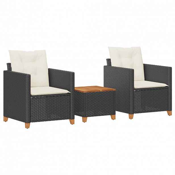 vidaXL 3dílný bistro set s poduškami černý polyratan akáciové dřevo