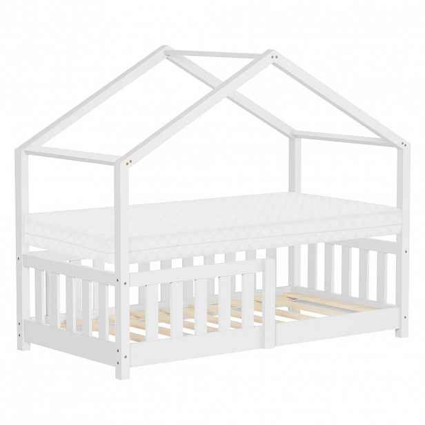ML-DESIGN DOMÁCÍ POSTEL s matrací 70x140 cm bílá z borového dřeva s ochrannou zábranou proti vypadnutí