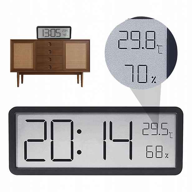 Nástěnné hodiny 20 cm, LCD, černé, tiché, teplota