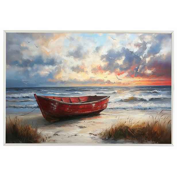Plakát Rámeček Hliník Červený Loď Pláž Západ Slunce Moře Léto 60x40
