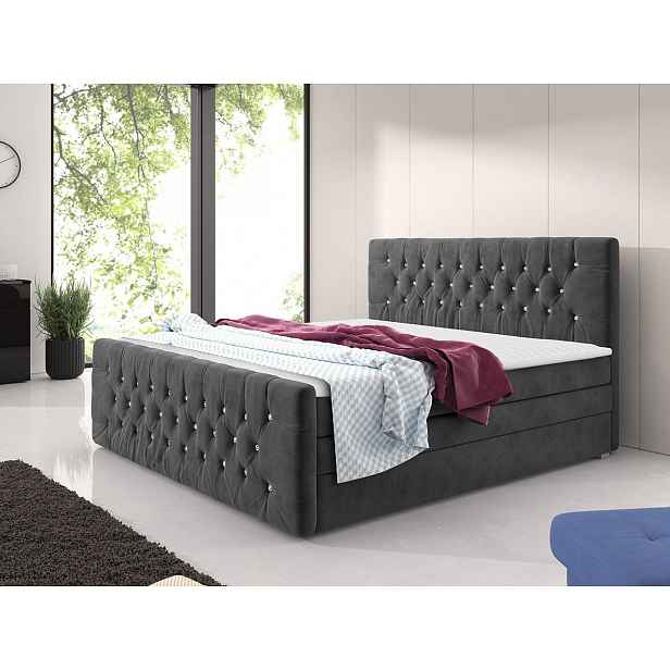 Boxspringová manželská postel s úložným prostorem 180x200 ENNIS - šedá + topper ZDARMA