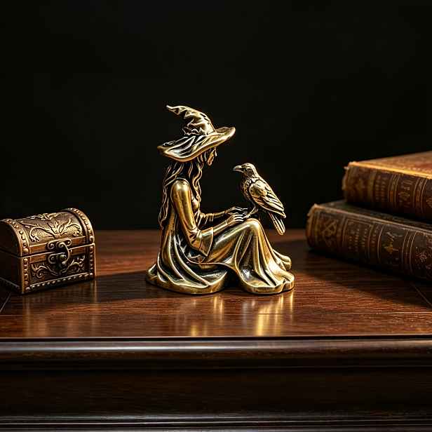 TEMU Sběratelská soška 100% Vintage Distressed Hollow Sculpture, Miniaturní figurka čarodějnice s ravenem, Ideální pro domácí dekoraci, Halloweenskou