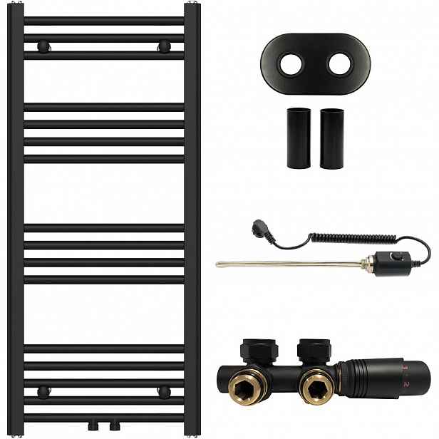 Koupelnový radiátorový set Benito - kombinované vytápění, termo tyč - středové připojení 50 mm - 300W - černá matná - 1000x450 mm