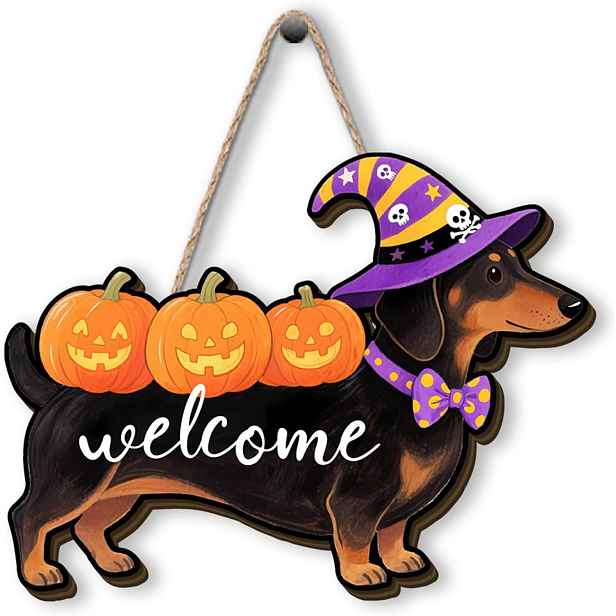 TEMU 2D Plochý, 2D Plochý Dřevěný Halloweenský Závěsný Ozdobný Předmět, Kreslený Jezevčík Nesoucí Dýni, Strašidelná Dekorativní Závěsná Cedule pro