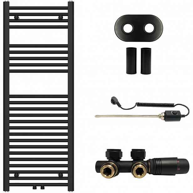 Koupelnový radiátorový set Benito - kombinované vytápění, termo tyč - středové připojení 50 mm - 300W - černá matná - 1200x450 mm