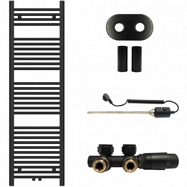 Koupelnový radiátorový set Benito - kombinované vytápění, termo tyč - středové připojení 50 mm - 300W - černá matná - 1500x450 mm