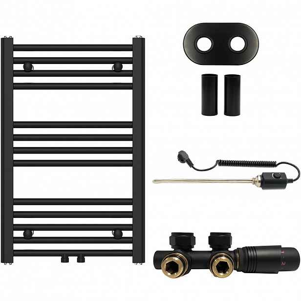 Koupelnový radiátorový set Benito - kombinované vytápění, termo tyč - středové připojení 50 mm - 300W - černá matná - 700x450 mm