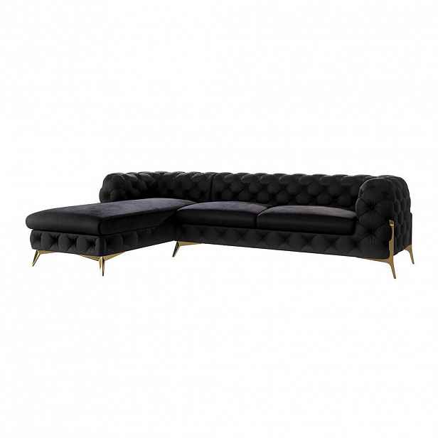 S-Style CHESTERFIELD ROHOVÁ SEDAČKA Lexi z černého sametu se zlatými nohami - otomán vlevo