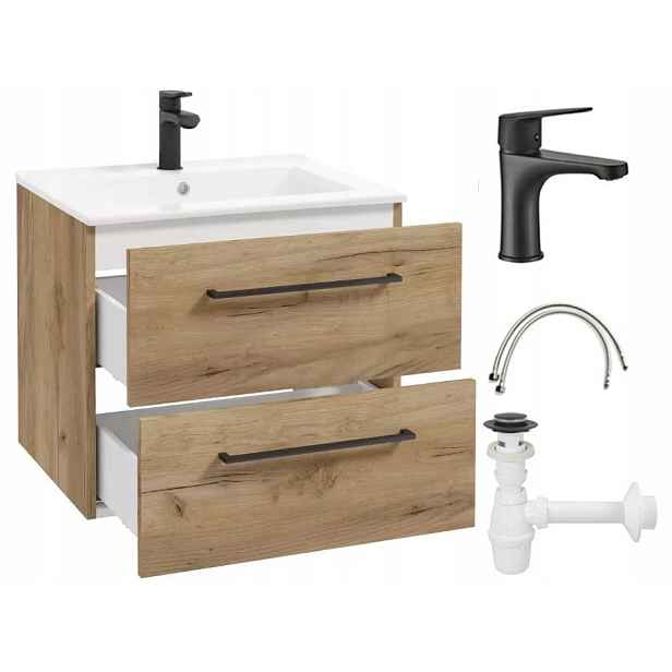 Koupelnová skříňka s závěsným umyvadlem 50 cm dub craft s baterií a sifonem