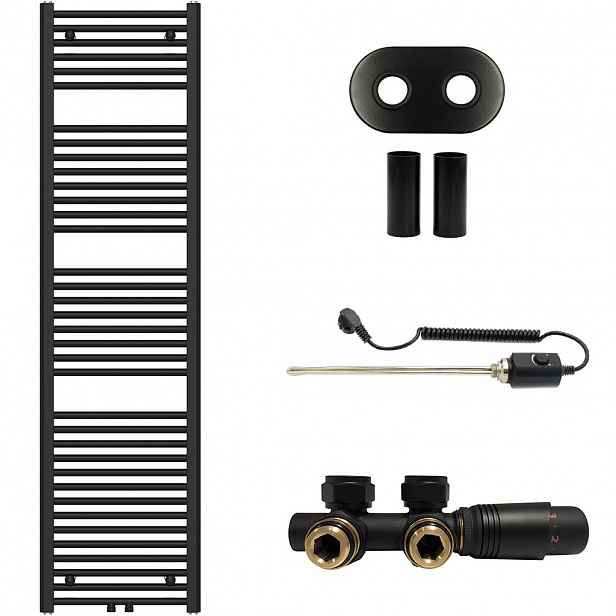 Koupelnový radiátorový set Benito - kombinované vytápění, termo tyč - středové připojení 50 mm - 600W - černá matná - 1700x450 mm
