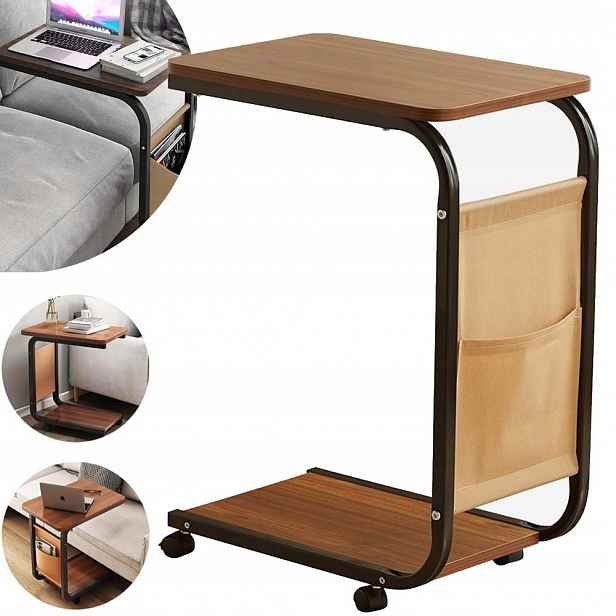 Boční Stolek S Kolečky A Kapsou 63 CM, Tvar C, Mobilní Pod Pohovku/postel