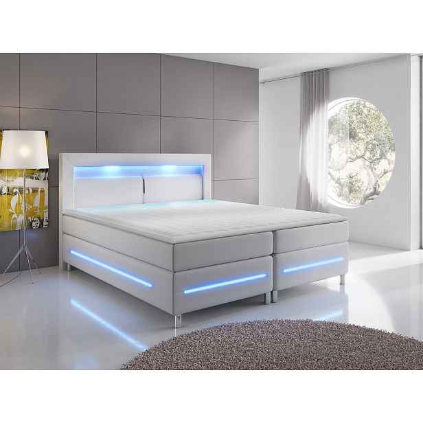 Boxspringová manželská postel s LED osvětlením 180x200 GALWAY - bílá ekokůže + topper ZDARMA