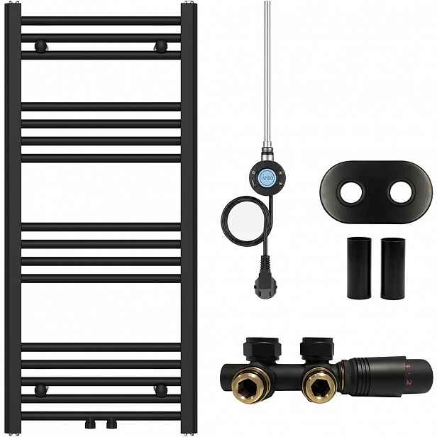 Koupelnový radiátorový set Benito - kombinované vytápění, wifi tyč - středové připojení 50 mm - 300W - černá matná - 1000x450 mm