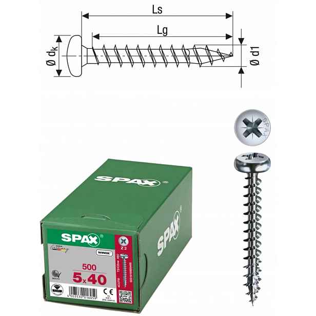 Univerzální šroub na dřevo spax 5 x 40 mm Wirox Hb Pz 1000 ks