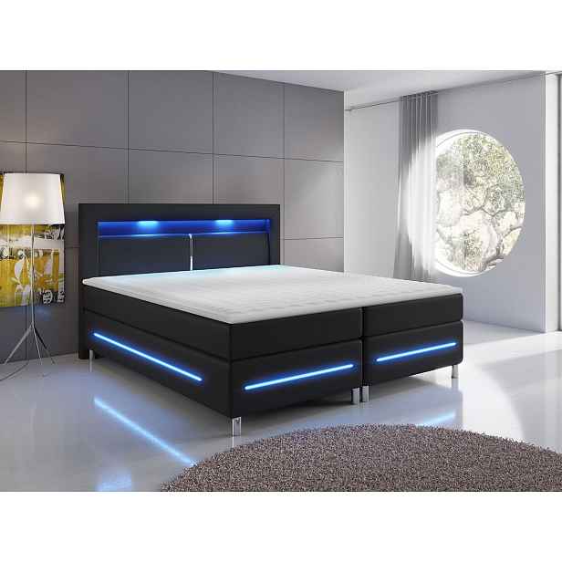 Boxspringová manželská postel s LED osvětlením 180x200 GALWAY - černá ekokůže + topper ZDARMA
