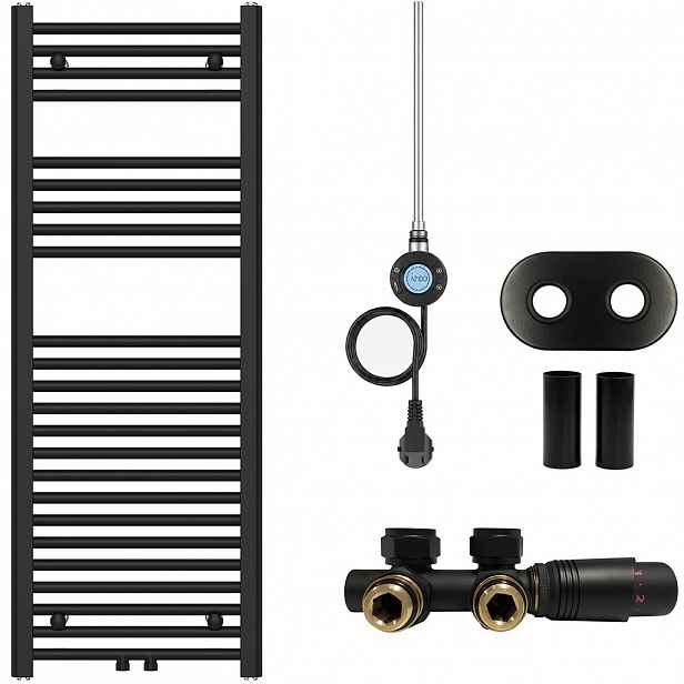 Koupelnový radiátorový set Benito - kombinované vytápění, wifi tyč - středové připojení 50 mm - 300W - černá matná - 1200x450 mm