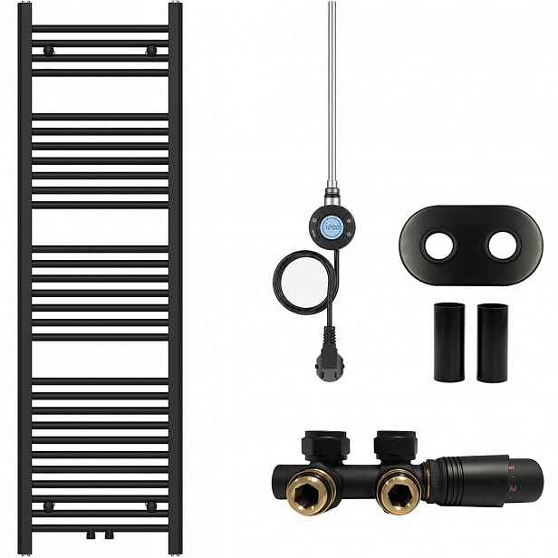 Koupelnový radiátorový set Benito - kombinované vytápění, wifi tyč - středové připojení 50 mm - 300W - černá matná - 1500x450 mm