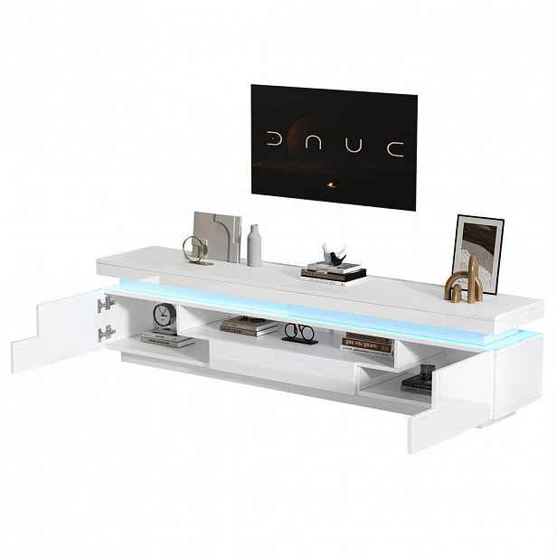 Redom TELEVIZNÍ stolek 175/38/45 cm s LED osvětlením, 2 skříňkami, zásuvkou a polootvoreným úložným prostorem, Bílá