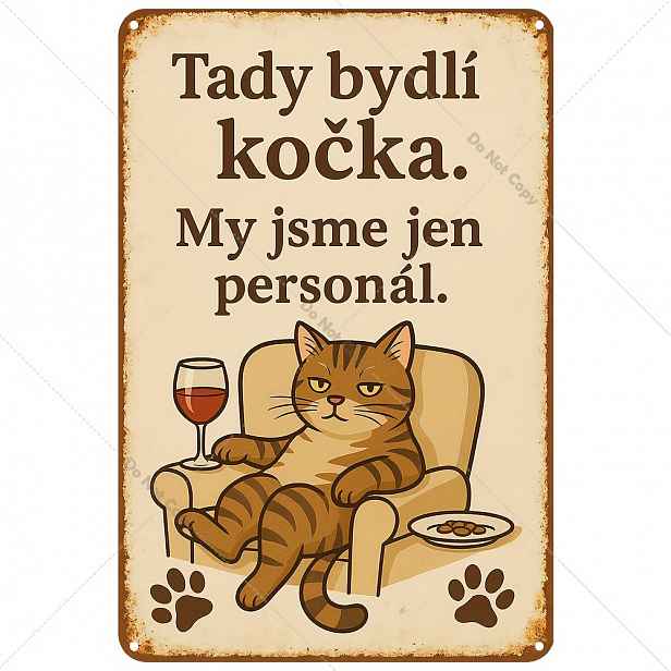 TEMU 2D Plochá, 1ks Česká Nástěnná Cedule "Tady Bydli Kočka" s Kočkou - Odolná Retro Cínová Plaketa z Železa Vhodná pro Bar, Kuchyňskou Dekoraci s