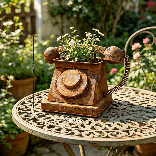 TEMU Vintage rezavý květináč ve tvaru telefonu, dekorace do zahrady a na terasu, květináč na sukulenty z ošuntělého železa, kreativní venkovní dvorní