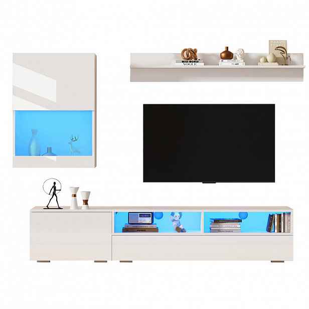 Redom TV sestava 175/39/34 cm s LED osvětlením, vysokým leskem a úložným prostorem, Bílá