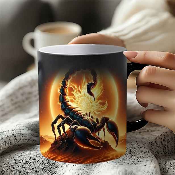TEMU 1ks 11oz Keramický hrnek s tepelně citlivou změnou barvy s ohnivého štíra a slunce, ideální pro Halloween, Den mrtvých, Mardi Gras, Silvestr,