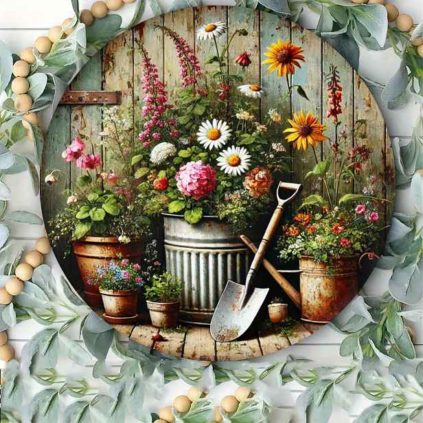 TEMU 1ks Rustic Garden Charm 8x8 palců kulatý kovový nástěnný znak - Vintage květinový a zahradní nástrojový akcenty z borovice, „Garden Decor“ text,