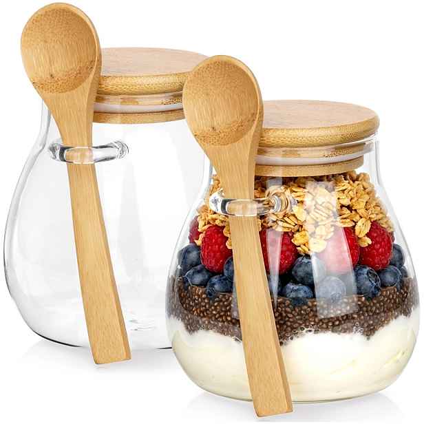 VILDE Sada 2ks sklenic na jogurt / dezert s bambusovým víčkem a lžicí, 2x440ml