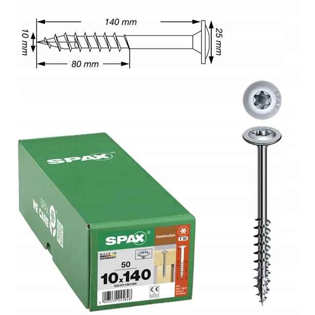 Univerzální vruty Wirox pro dřevěné konstrukce Spax 10 x 140 mm 50 ks
