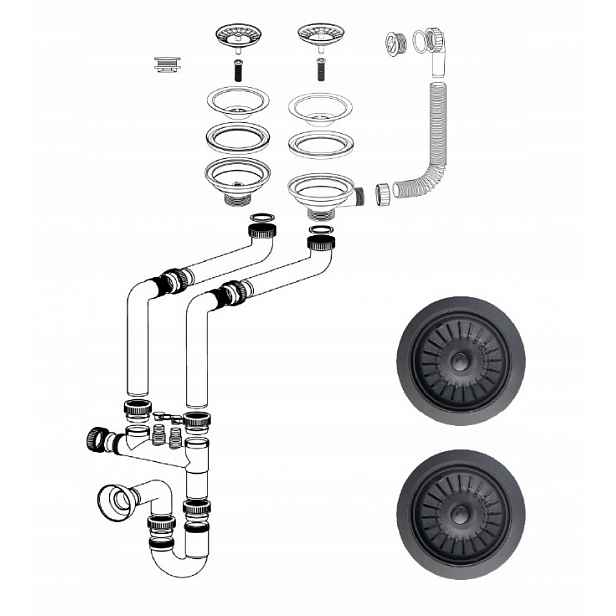 Sifon pro granitový dřez 1.5 a 2-komorový Space-Saver Černý