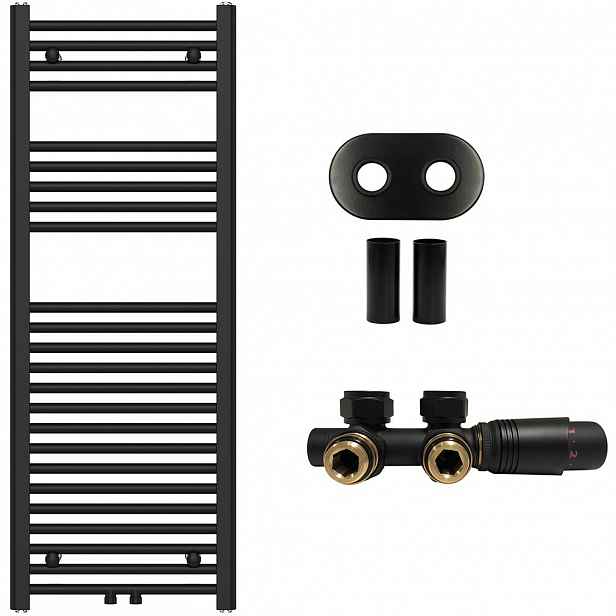 Koupelnový radiátorový set Benito - ústřední vytápění - středové připojení 50 mm - 477W - černá matná - 1200x450 mm