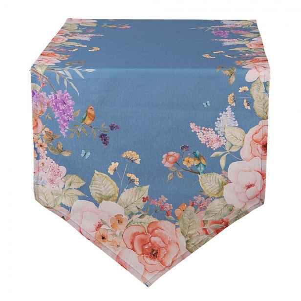 Modrý bavlněný běhoun s květy Flower & Fiesta - 50*160 cm Clayre & Eef