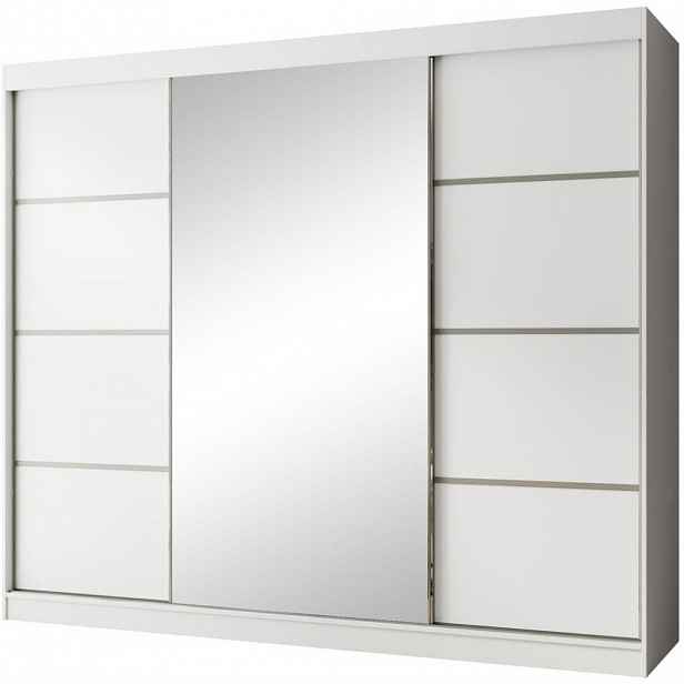 Beautysofa POSUVNÁ šatní skříň Paco 250/215/61, 3dveřová, bílá, se zrcadlem