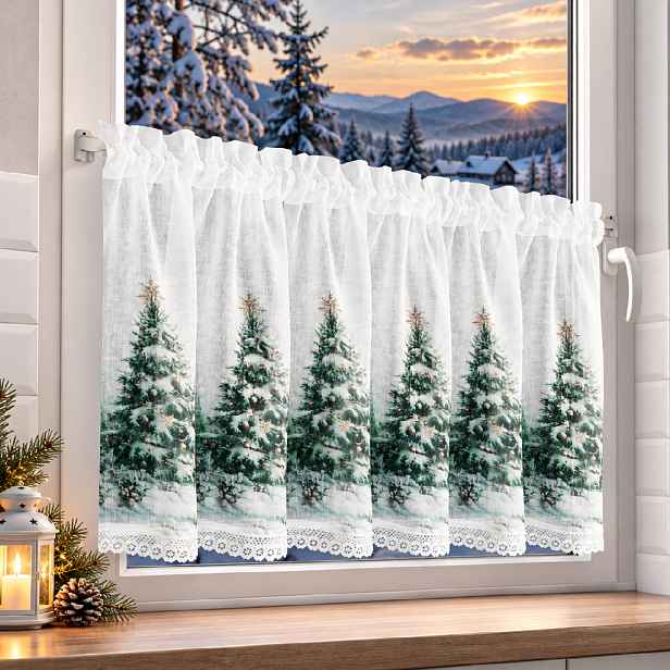 Vánoční hotová vitrážová záclona WINTER TALE 150x60 cm