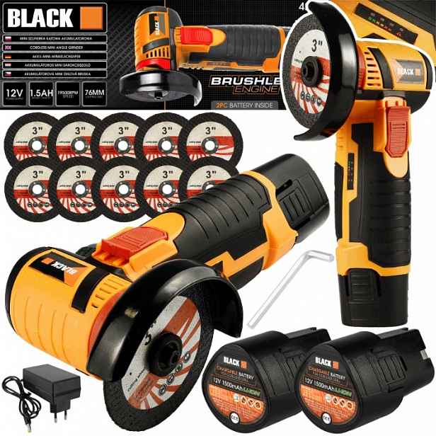 Mini Úhlová Bruska 3" Bezkartáčová Aku Black 12V 76MM 2x Aku 10 Kotoučů.
