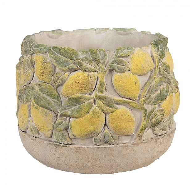 Béžový antik cementový květináč zdobený citróny Lemoni - Ø 19*15cm Clayre & Eef