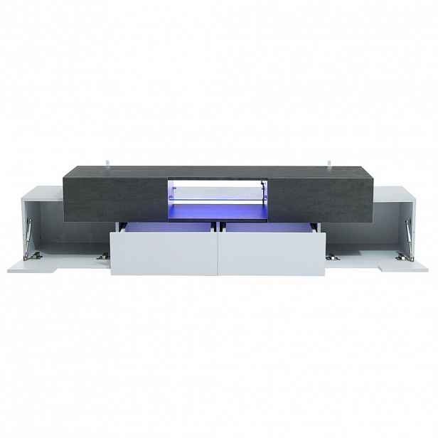 Redom TV stolek 180/40/45 cm s RGB LED osvětlením, skleněnou policí a úložným prostorem, Bílá/Šedá
