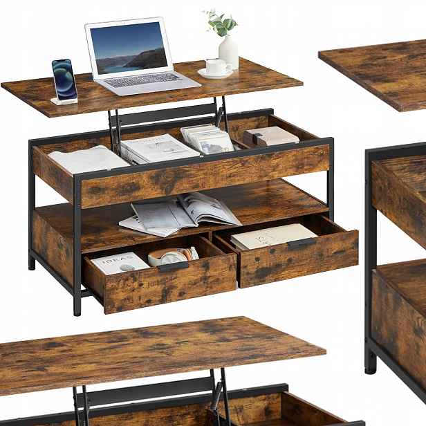 Rozkládací konferenční stolek se zvedací deskou, rustikální úložný prostor