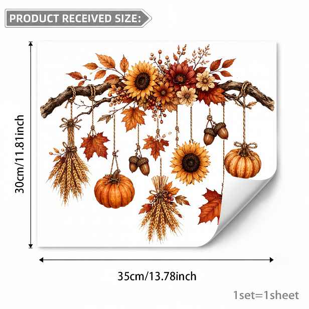 TEMU 1 ks Podzimní větev Závěsná ozdoba Slunečnice Javorový list Dýně Pšenice Žeňďový 35×30 cm Dekorativní PVC Statická samolepka na okno, Rustikální