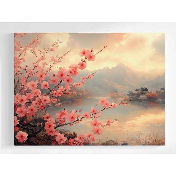 Plakát Krajina Pagoda Dřevo Květy Višeň Sakura 100x75