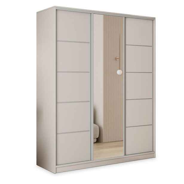 MASSENO ŠATNÍ SKŘÍŇ S POSUVNÝMI DVEŘMI PINA, 150/205/58 cm 3dveřová se zrcadlem a zásuvkami, kašmírová
