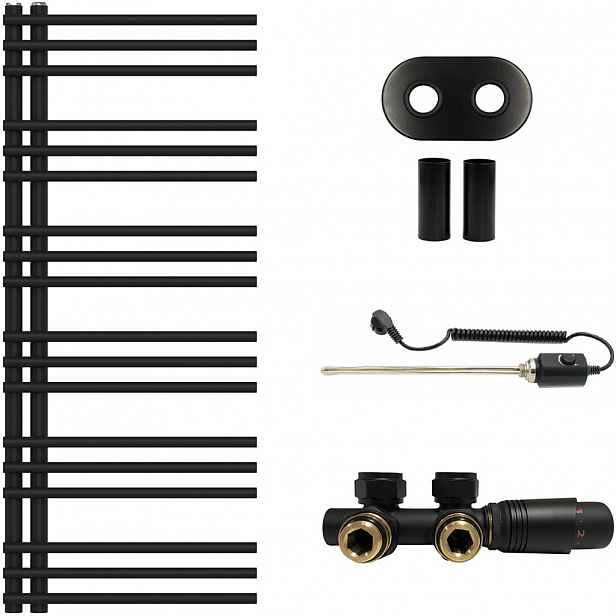 Koupelnový radiátorový set Burke - kombinované vytápění, termo tyč - asymetrické připojení 50 mm - 300W - černá matná - 1200x500 mm