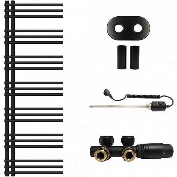 Koupelnový radiátorový set Burke - kombinované vytápění, termo tyč - asymetrické připojení 50 mm - 300W - černá matná - 1500x500 mm