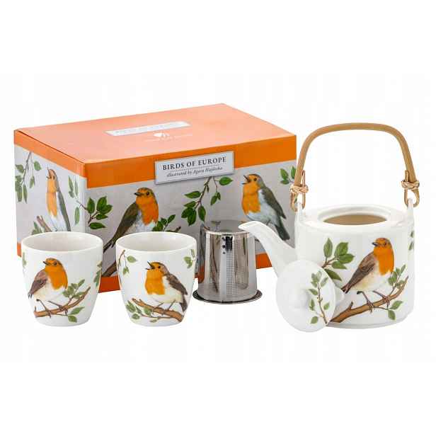 Porcelánový džbán 600 ml sítko 2 šálky 150 ml ruděnka Polské Ptáci
