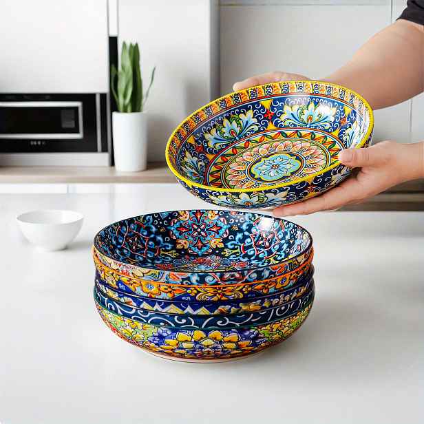 TEMU Mísy na těstoviny, 42oz velké keramické salátové mísy, sada 6 ks, barevná porcelánová servírovací sada mís - Boho miska do kuchyně - vhodné do