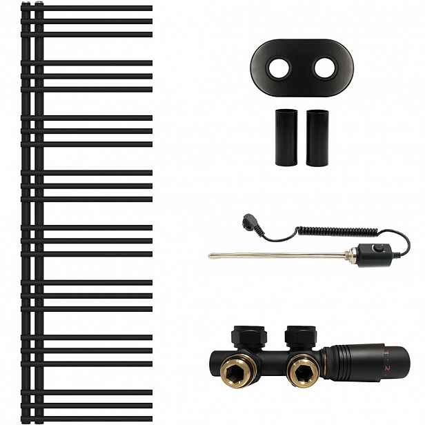 Koupelnový radiátorový set Burke - kombinované vytápění, termo tyč - asymetrické připojení 50 mm - 600W - černá matná - 1600x500 mm