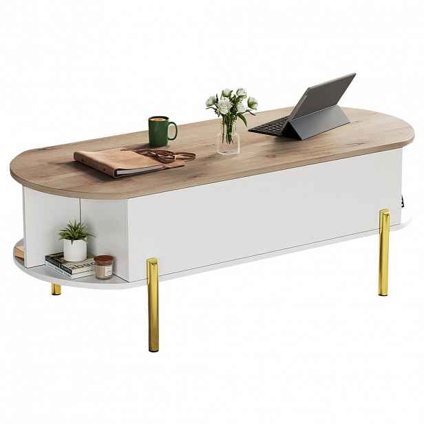 Redom KONFERENČNÍ stolek 120/50/43 cm z MDF s výškově nastavitelnou deskou, skrytým úložným prostorem a kovovými nohami, Bílá